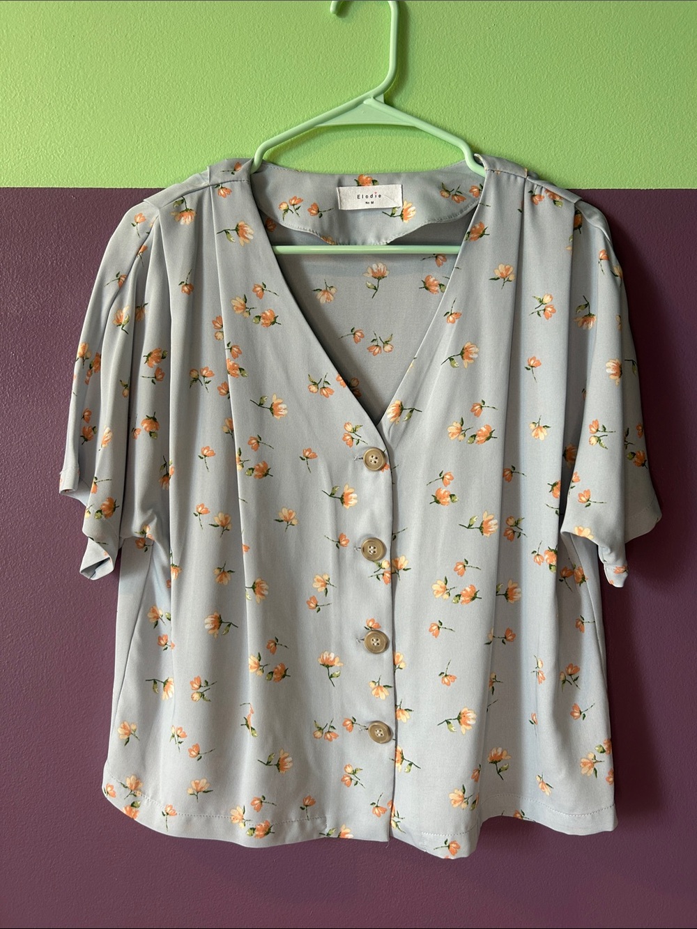 Elodie Light Gray Button-Front Floral Blouse with Peach Blooms
